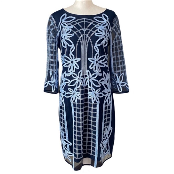 BELLE BADGLEY MISCHKA Women's Blue Sheath Dress with Baby blue Applique Size 8 - Picture 9 of 15